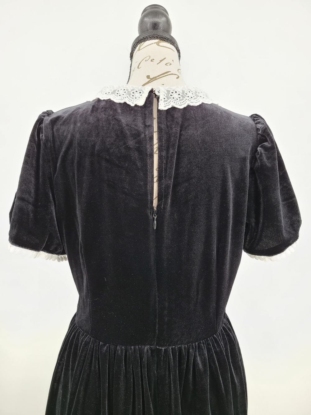 Modcloth Black Velvet Midi Dress with White Lace Trim Size 16 - Picture 9 of 14